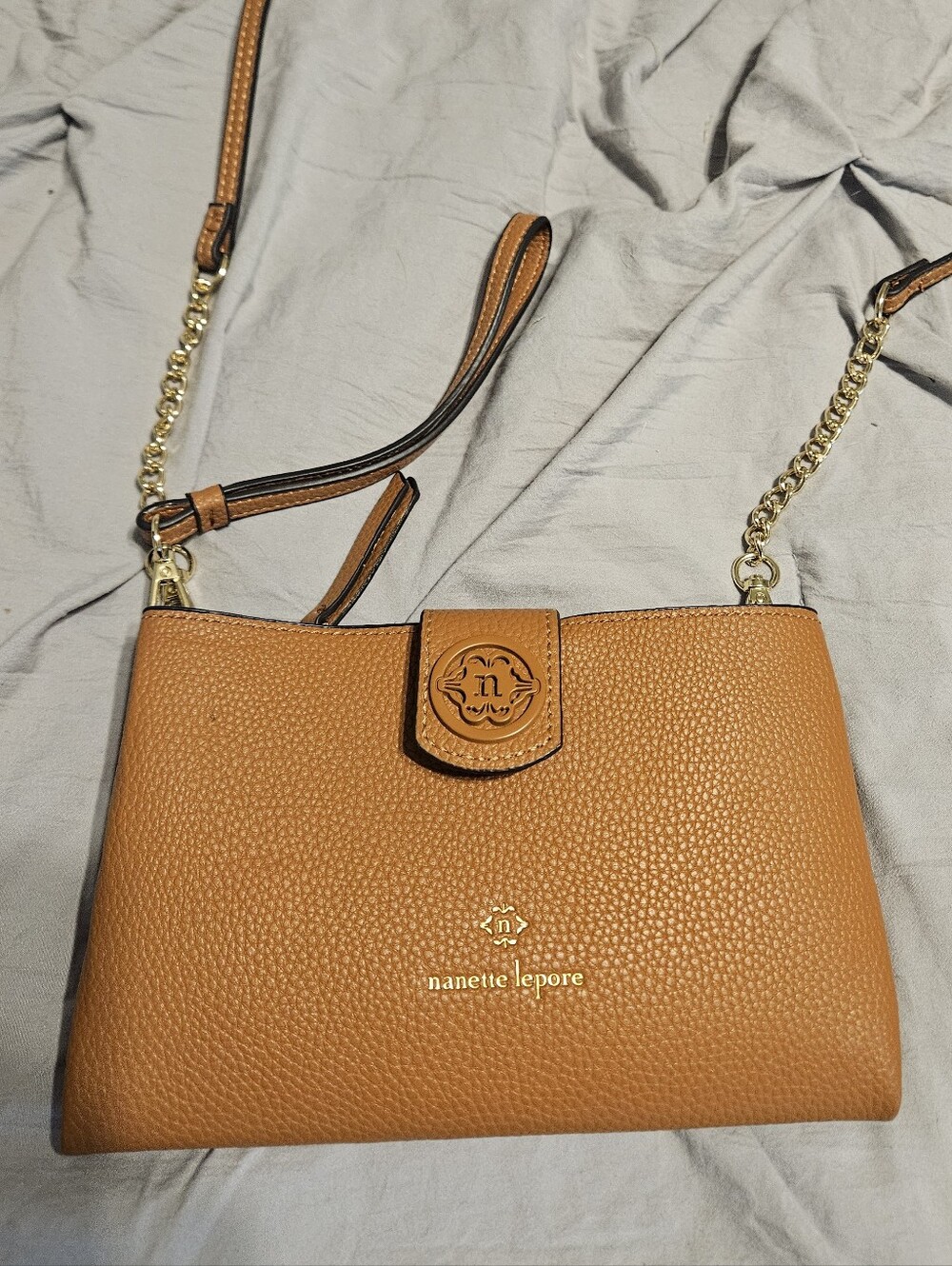 Nanette Lepore Tan Leather Crossbody Wristlet with Gold Hardware - Picture 3 of 9